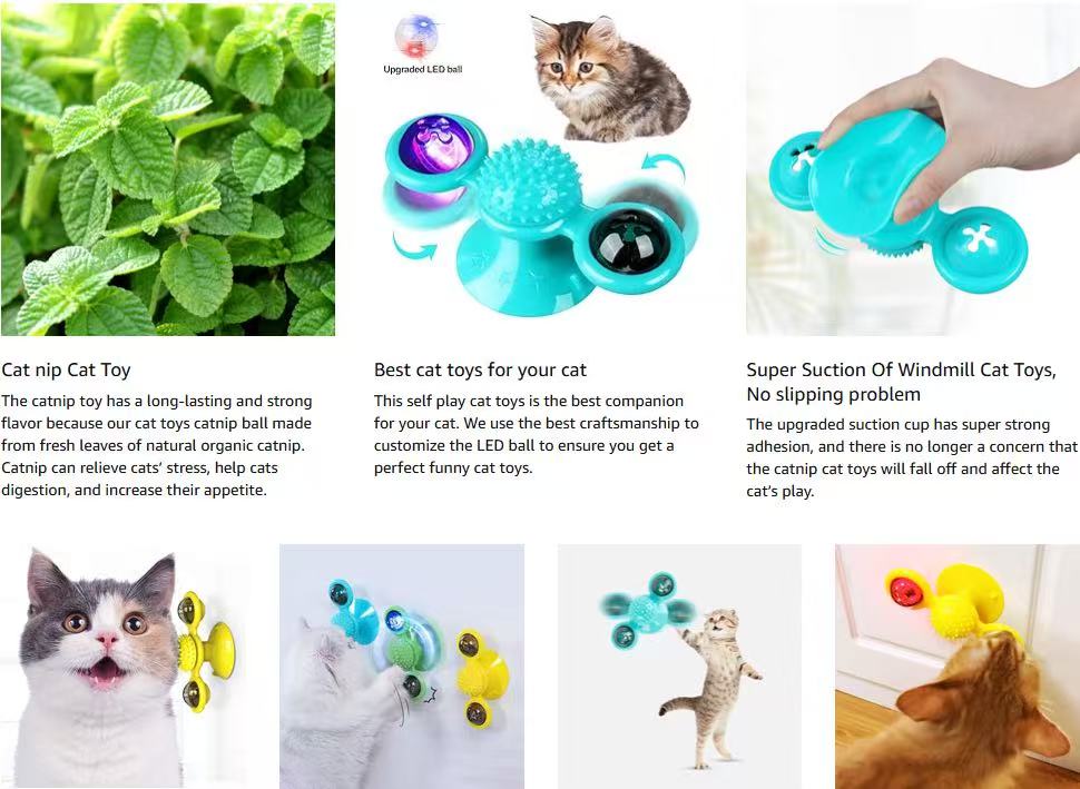 Interactive Windmill Cat Toys with Catnip : Cat Toys for Indoor Cats Funny Kitten Toys with LED Light Ball Suction Cup‖Cat Nip Toy for Cat chew Exercise (Multi-Colored)