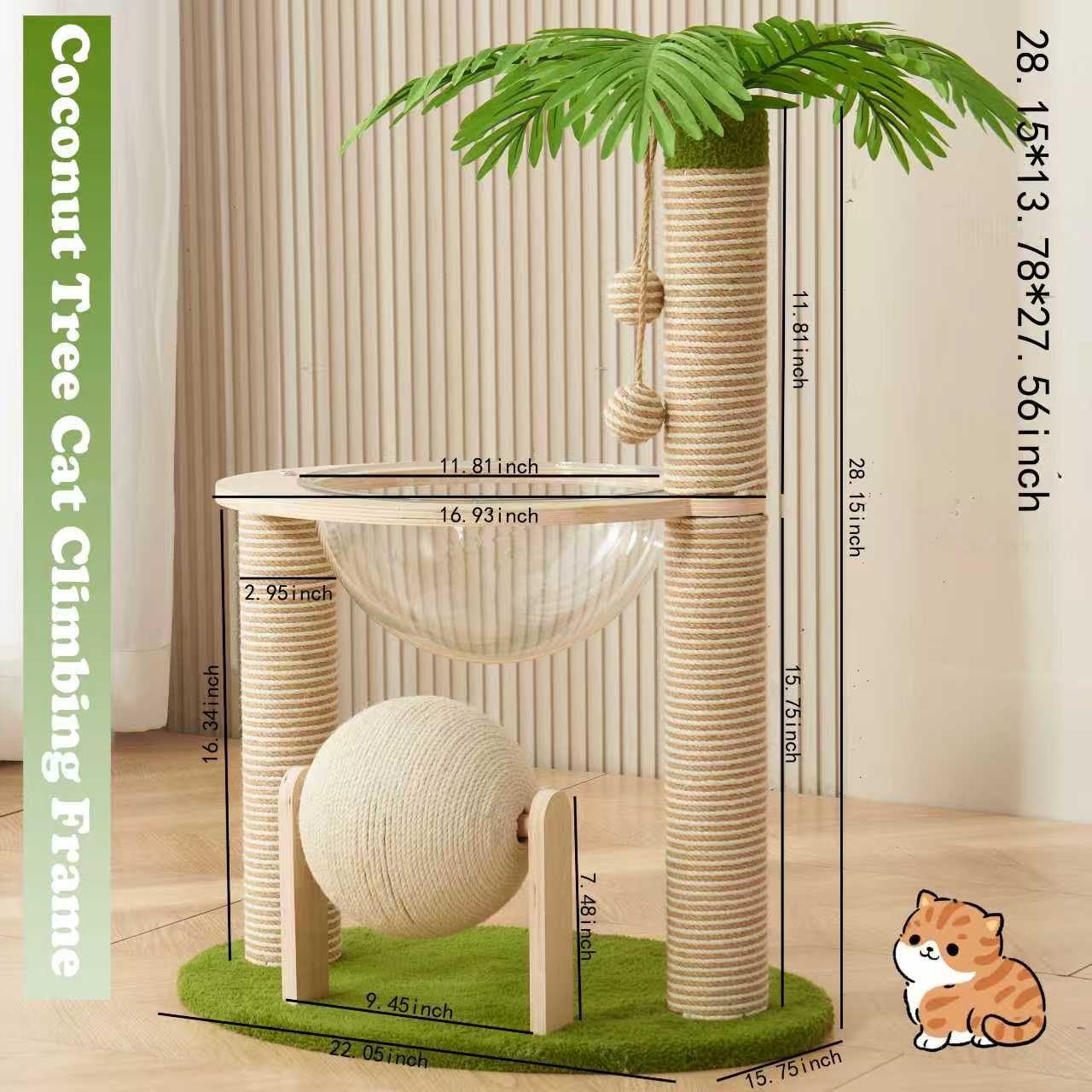 Modern Cat Tree Tower with Integrated Space Capsule, Wear-Resistant Scratching Posts, Cat Scratcher Ball and Coconut Tree, Indoor Cat Jungle Gym for Small Spaces
