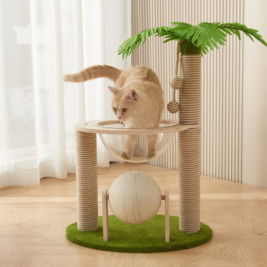 Modern Cat Tree Tower with Integrated Space Capsule, Wear-Resistant Scratching Posts, Cat Scratcher Ball and Coconut Tree, Indoor Cat Jungle Gym for Small Spaces