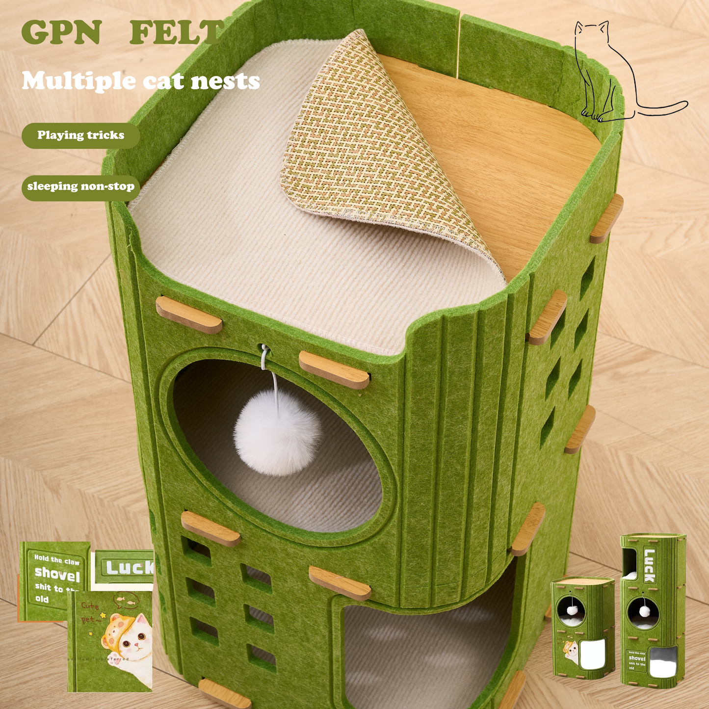 Square Multi-Purpose Cat Tree 2/3 Tier Movable Floor Standing Cat Tower with Felt Skeleton Design Wider Jumping Platform on Top Suitable for Cats of All Ages