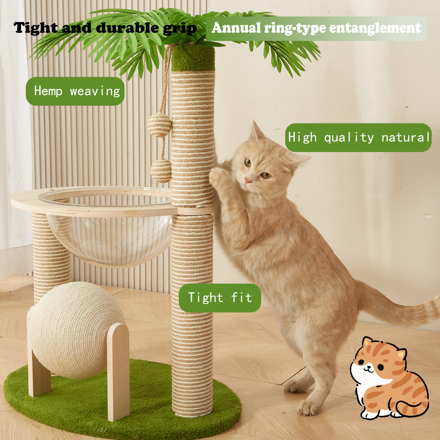 Modern Cat Tree Tower with Integrated Space Capsule, Wear-Resistant Scratching Posts, Cat Scratcher Ball and Coconut Tree, Indoor Cat Jungle Gym for Small Spaces