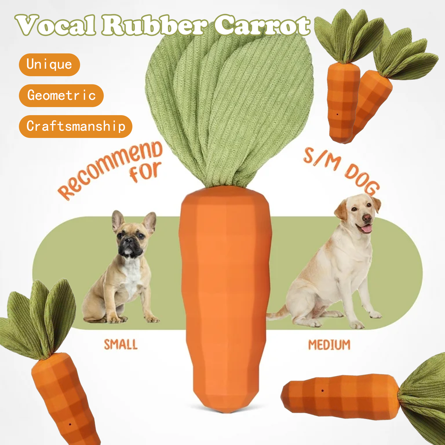 Dog Squeaky Chew Toys for Aggressive Chewers, Rubber Carrot Dog Toys for Training and Cleaning, Durable Interactive Tough Dog Toy for Puppy Medium Dogs
