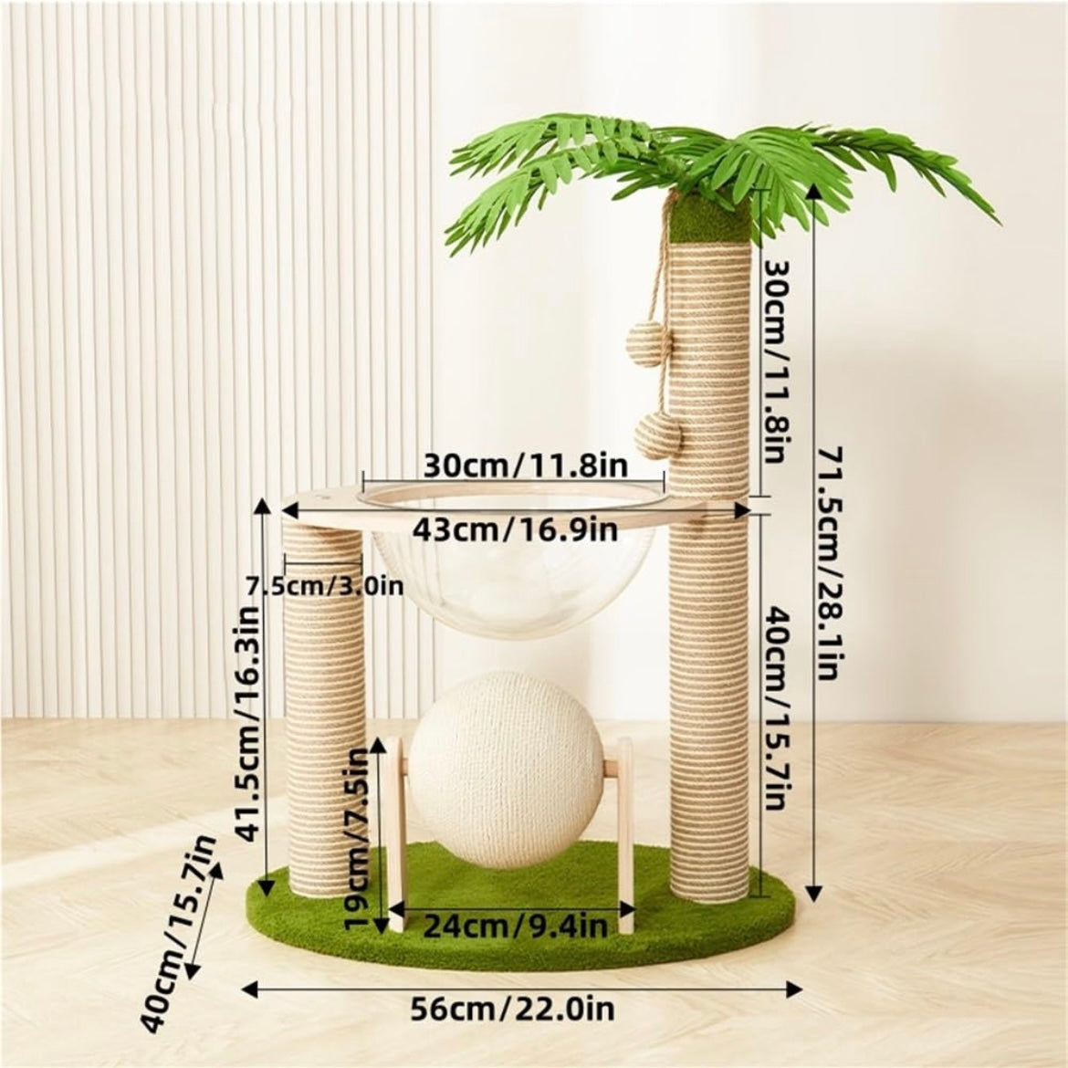 Modern Cat Tree Tower with Integrated Space Capsule, Wear-Resistant Scratching Posts, Cat Scratcher Ball and Coconut Tree, Indoor Cat Jungle Gym for Small Spaces