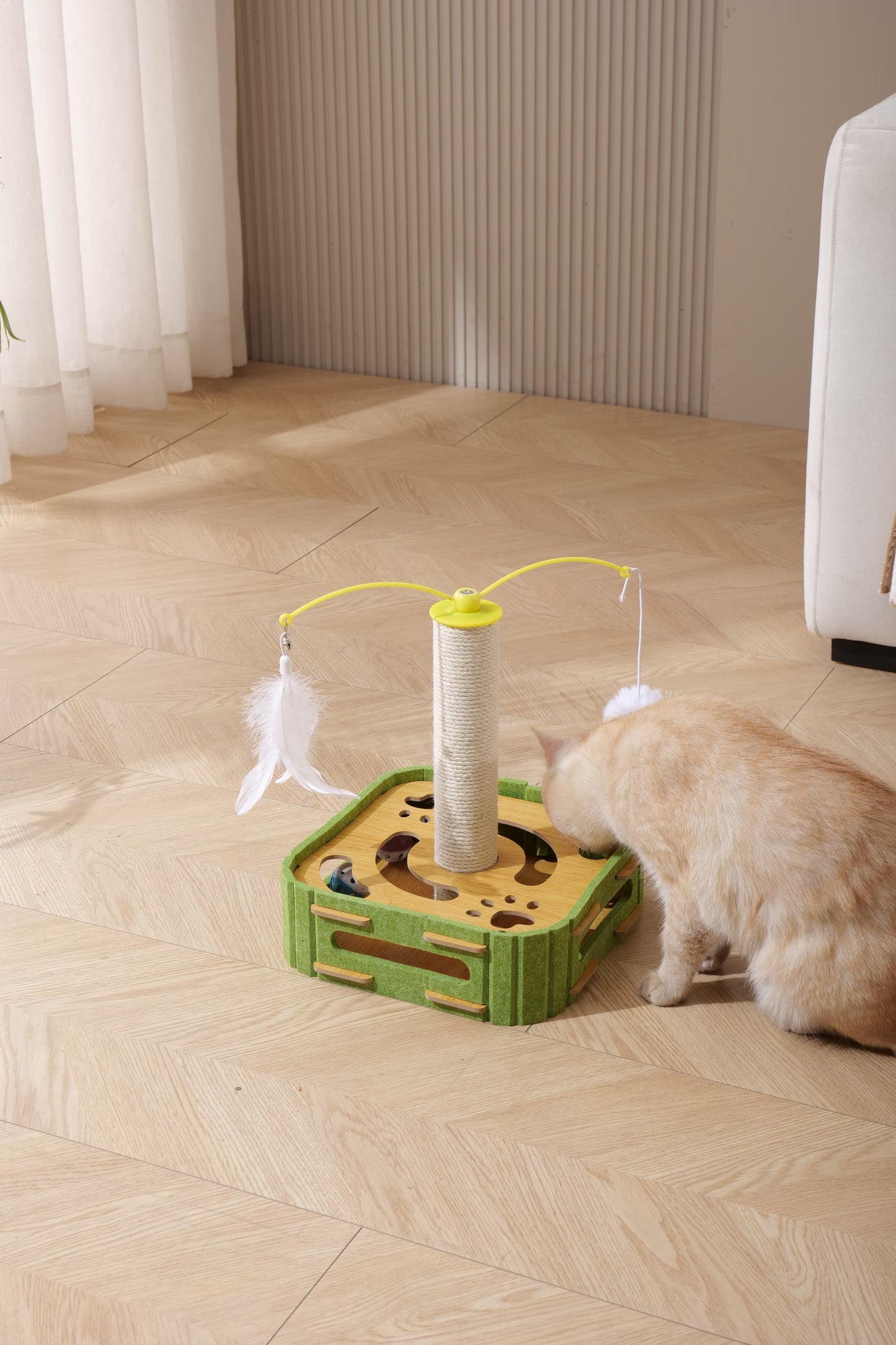 Cat Puzzle Toys Interactive Dancer Teasing Box with Squeaky Toys and Scratching Felt,Kitten Track Ball Toy for Indoor Cats Physical Exercise (Square,Puzzle Box with Cat Post)