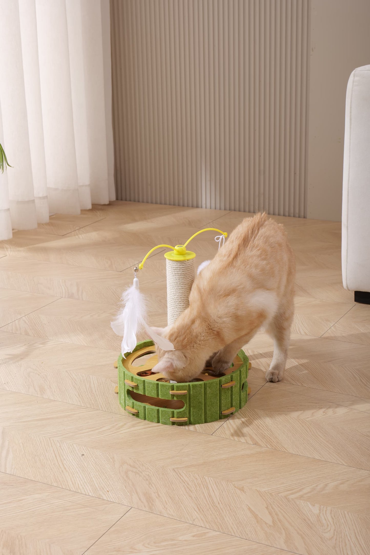 Cat Puzzle Toys Interactive Dancer Teasing Box with Squeaky Toys and Scratching Felt,Kitten Track Ball Toy for Indoor Cats Physical Exercise (Square,Puzzle Box with Cat Post)