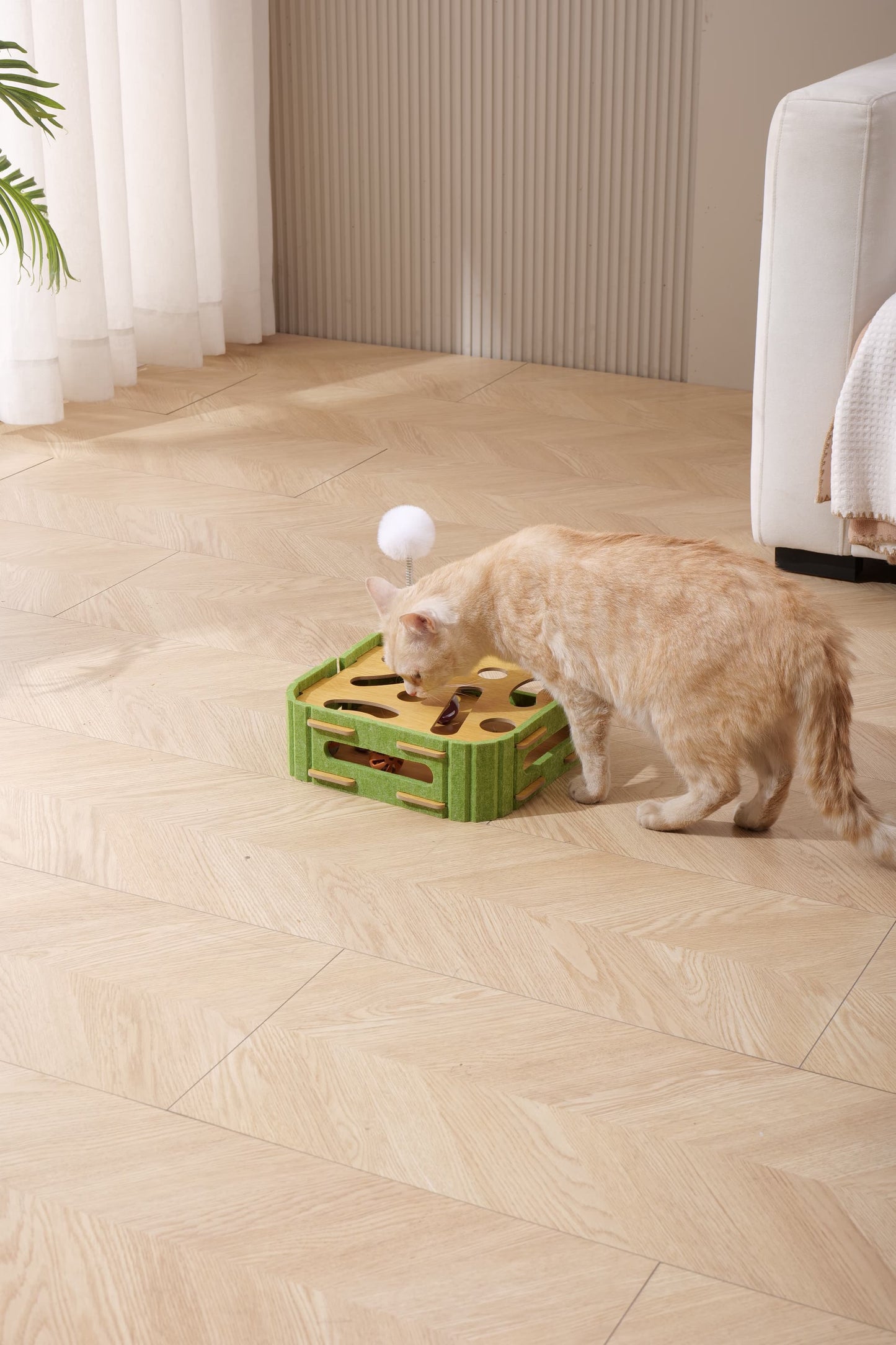 Cat Puzzle Toys Interactive Dancer Teasing Box with Squeaky Toys and Scratching Felt,Kitten Track Ball Toy for Indoor Cats Physical Exercise (Square,Puzzle Box with Cat Post)