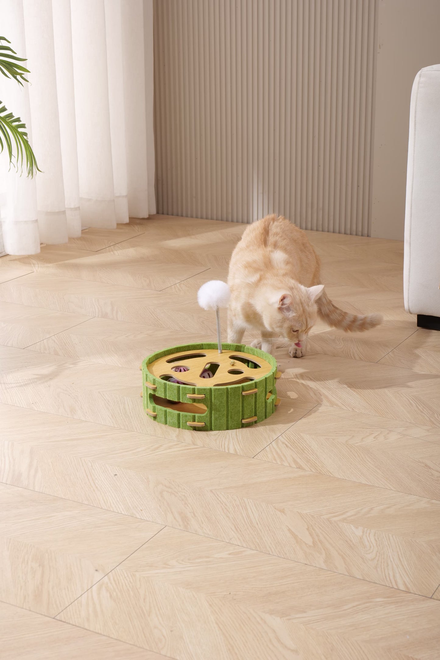 Cat Puzzle Toys Interactive Dancer Teasing Box with Squeaky Toys and Scratching Felt,Kitten Track Ball Toy for Indoor Cats Physical Exercise (Square,Puzzle Box with Cat Post)