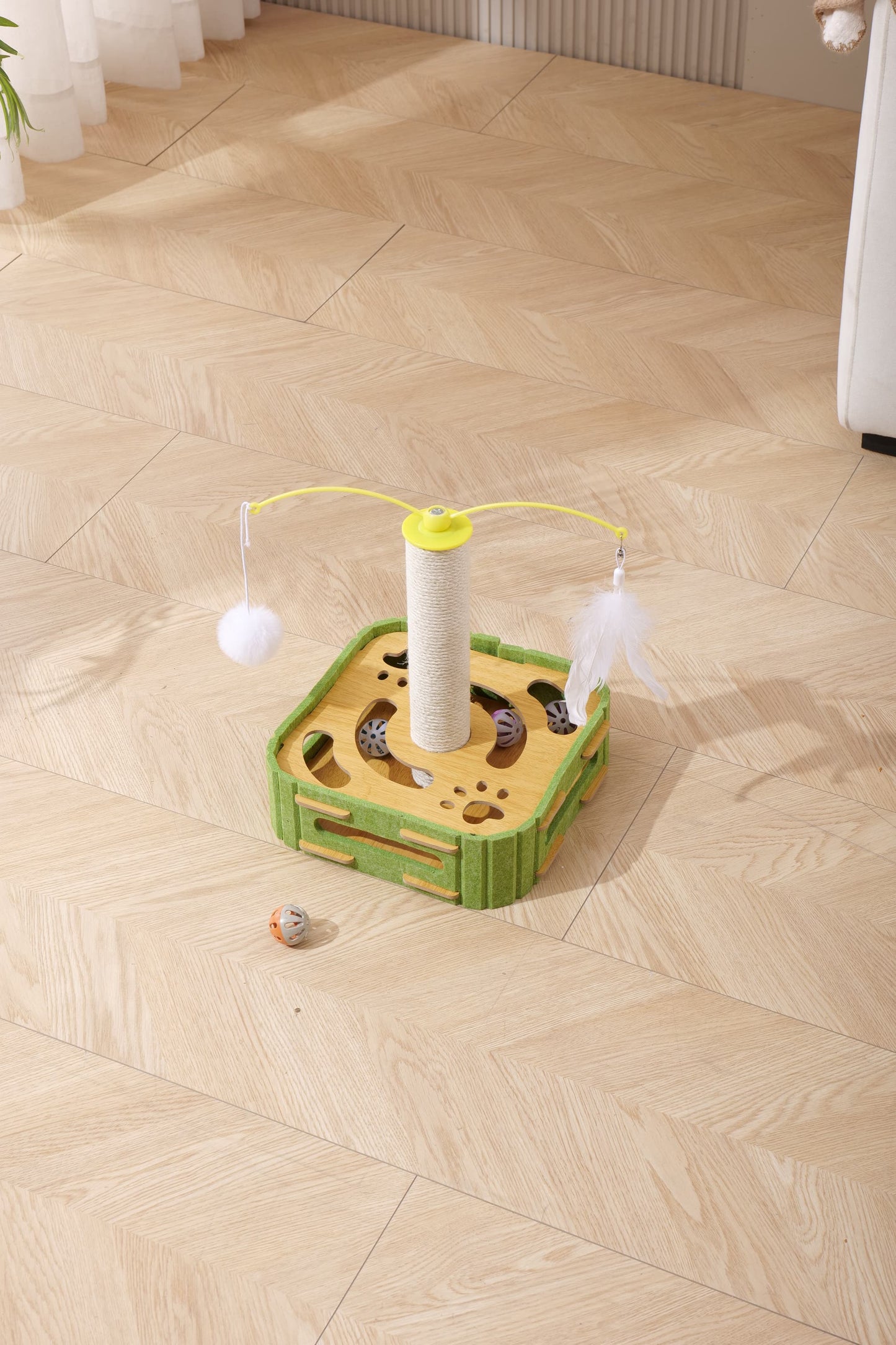 Cat Puzzle Toys Interactive Dancer Teasing Box with Squeaky Toys and Scratching Felt,Kitten Track Ball Toy for Indoor Cats Physical Exercise (Square,Puzzle Box with Cat Post)