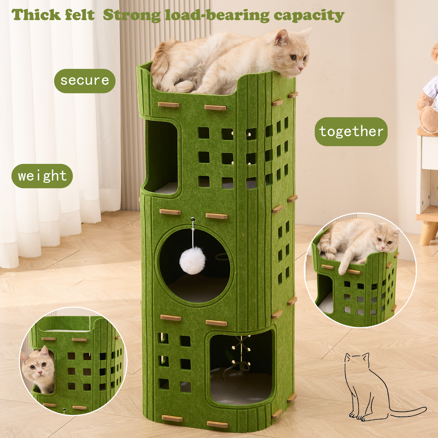 Square Multi-Purpose Cat Tree 2/3 Tier Movable Floor Standing Cat Tower with Felt Skeleton Design Wider Jumping Platform on Top Suitable for Cats of All Ages